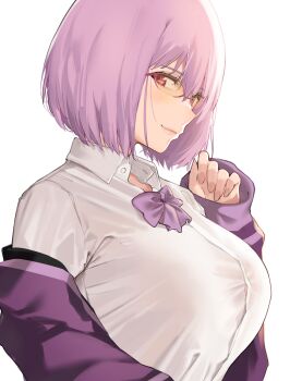 1girl blush bow breasts collared_shirt glasses gridman_universe highres j@ck jacket large_breasts light_purple_hair long_sleeves looking_at_viewer off-shoulder_shirt off_shoulder purple_bow purple_jacket purple_neckwear shinjou_akane shirt short_hair simple_background smile solo ssss.gridman sunglasses tinted_eyewear white_background white_shirt yellow-tinted_eyewear yellow-tinted_glasses