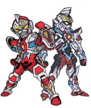 Rule 34 | 10s, 2boys, arm up, armor, chibi, clenched hands, denkou choujin gridman, gridman (character), gridman (denkou choujin), gridman (ssss), gridman universe, male focus, mecha, multiple boys, no humans, no pupils, orange eyes, robot, shoulder armor, ssss.gridman, standing, tokusatsu, udje3758, yellow eyes