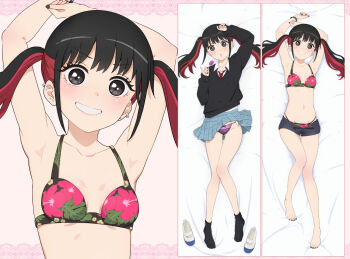 1girl barefoot black_eyes black_hair black_nails black_socks blush bra breasts dakimakura_(medium) earrings feet jewelry multicolored_hair panties red_hair school_uniform skirt socks solo sono_bisque_doll_wa_koi_wo_suru sugaya_nowa toraya_(doujintraya) underwear