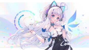 1girl ahoge animal_ear_hairband animal_ears bird black_dress blue_bow blue_eyes blue_nails border bow breasts cat_ear_hairband cat_ears cleavage commission detached_sleeves diamond_hair_ornament dress erro fake_animal_ears hair_ornament hair_ribbon hairband hairclip halterneck ichitata indie_virtual_youtuber long_hair looking_at_viewer microphone multicolored_dress open_mouth owl ribbon two_side_up very_long_hair virtual_youtuber white_border white_dress white_hair white_wrist_cuffs wrist_cuffs