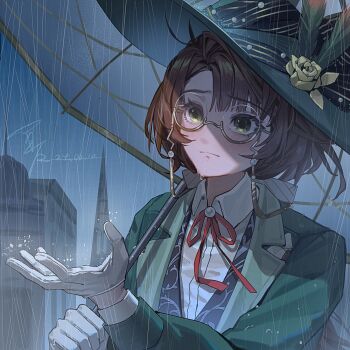 1girl artist_name blue_sky brown_hair building closed_mouth collared_shirt dated equilibrium_umbrella eyewear_strap feathers flower furrowed_brow glasses gloves green_eyes green_feathers green_hat green_jacket hand_up hat hat_feather hat_flower holding holding_umbrella jacket kakania_(reverse:1999) long_hair looking_up neck_ribbon night night_sky oroolcicely picture_hat rain red_ribbon reverse:1999 ribbon round_eyewear semi-rimless_eyewear shirt signature sky solo umbrella under-rim_eyewear upper_body white_gloves white_shirt yellow_flower