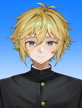 Rule 34 | 1boy, alternate costume, antenna hair, basil (faraway) (omori), basil (omori), blonde hair, blue background, blue eyes, closed mouth, commentary, double-parted bangs, gradient background, hair between eyes, highres, looking at viewer, male focus, o3o2sao, omori, school uniform, short hair, sidelocks, smile, solo, symbol-only commentary, two-tone background, white background