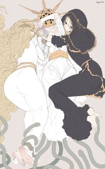 3boys arm_up arm_warmers ass black_eyes blonde_hair braid character_request charles_(gu599) dark_souls_(series) dark_souls_i dark_souls_iii dark_sun_gwyndolin dress elden_ring fromsoftware highres hug korean_commentary long_dress long_hair lothric_(younger_prince) mask mask_on_head miquella_(elden_ring) multiple_ multiple_boys tiara veil very_long_hair white_arm_warmers white_dress