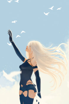 1girl a2_(nier:automata) bird blue_sky hand_up highres long_hair looking_up mitsuki_nite nier:automata nier_(series) sky white_bird white_hair
