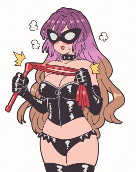 1girl bdsm black_gloves breasts brown_hair elbow_gloves gloves highres hijiri_byakuren holding jean_(jean_sp) mask multicolored_hair purple_hair solo sweat touhou two-tone_hair white_background