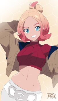 1girl arm_up artist_logo blonde_hair blue_eyes breasts brown_jacket crop_top gradient_hair grin highres jacket large_breasts logo midriff multicolored_hair navel nintendo pants pink_hair pokemon pokemon_legends:_z-a r3dfive short_hair smile solo stomach taunie_(pokemon) turtleneck upper_body white_pants yellow_background