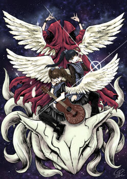 Rule 34 | absurdres, acoustic guitar, babymetal, black footwear, black hair, black nails, black pantyhose, black skirt, brown hair, fox shadow puppet, glint, guitar, highres, instrument, izumi (toubun kata), kikuchi moa, long hair, mizuno yui, nakamoto suzuka, pantyhose, ponytail, skirt, skull, star (sky), twintails, white wings, wings