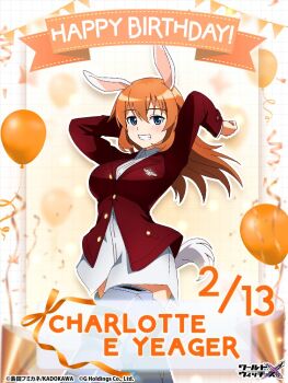 Rule 34 | 1girl, animal ears, artist request, blue eyes, breasts, charlotte e. yeager, commentary request, globe, happy birthday, jacket, large breasts, long hair, military, military uniform, no pants, official art, orange hair, rabbit ears, rabbit girl, rabbit tail, red jacket, shirt, smile, solo, strike witches, striker unit, tail, teeth, white shirt, world witches series, world witches x