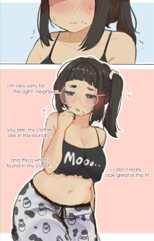 1girl animal_print breasts brown_eyes brown_hair cleavage comic cow_print creator_name crop_top embarrassed glasses medium_breasts midriff mole mole_on_breast mole_on_stomach mole_under_eye mole_under_mouth navel neqo_(neneneqo) side_ponytail solo stomach sweat sweatdrop