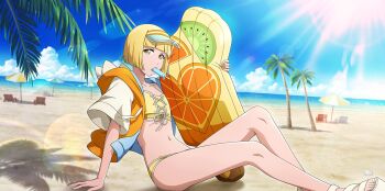 Rule 34 | 1girl, beach, beach chair, beach umbrella, bikini, bleach, bleach: brave souls, bleach: sennen kessen-hen, blonde hair, blue sky, buoy, cropped jacket, female focus, flat chest, food, holding, liltotto lamperd, medium hair, ocean, official art, palm leaf, palm tree, popsicle, quincy (bleach), sand, sandals, sky, sternritter, sun, sunlight, swimsuit, tree, umbrella, visor cap, yellow eyes