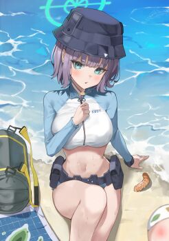 1girl absurdres bag beach belt belt_pouch black_belt black_hat blue_archive blue_eyes blue_hair bucket_hat chart commentary_request dark_blue_hair duffel_bag green_halo halo hat highres kagemoe1003 knee_up long_sleeves looking_at_viewer navel ocean official_alternate_costume outdoors pouch raglan_sleeves rash_guard saki_(blue_archive) saki_(swimsuit)_(blue_archive) short_hair sitting solo utility_belt