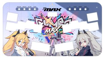 2girls :3 ahoge black_jacket blonde_hair blue_eyes clear_(djmax) commentary_request djmax domado eyepatch fail_(djmax) graffiti greyscale hair_between_eyes hair_ornament highres holding holding_spray_can jacket korean_commentary ladder long_hair long_sleeves looking_at_viewer monochrome multiple_girls open_mouth pink_eyes smile spray_can teeth tongue twintails upper_teeth_only white_jacket