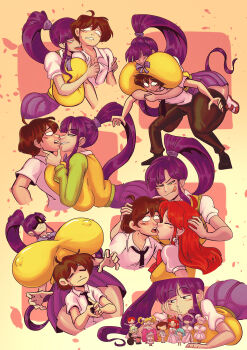 absurdres aged_up ahoge belt biting biting_another's_lip black_necktie black_thighhighs blonde_hair blue_hair blunt_bangs blush bouquet bow breast_press breast_rest breasts breasts_on_another's_back breasts_on_head brown_hair brown_pants cleavage closed_eyes commentary covered_erect_nipples dress eiken english_commentary evil_smile flower forced_kiss formal_clothes fruitofcrystal gigantic_breasts glasses grace_lin green_eyes green_hair groping hair_ornament hair_rings hairclip hand_in_another's_clothes hands_on_another's_head harumachi_komoe high_ponytail highres holding holding_bouquet kiss kuma_(eiken) licking licking_another's_neck licking_lips long_hair long_sleeves mifune_densuke misono_kirika morooka_kyoko necktie oppai_loli pants partially_shaded_face pink_hair ponytail purple_bow purple_hair purple_skirt red_bow red_hair school_uniform sensei_(eiken) shinonome_chiharu shinonome_yuriko shoes short_hair short_sleeves sidelocks skirt smile sneakers sparkling_eyes suit sweatdrop sweater_vest taller_female_shorter_male thick_thighs thighhighs thighs tongue tongue_out tororo_(character) tororo_(eiken) twintails veil very_long_hair wedding_dress wheelchair white_suit yellow_sweater_vest zashono_academy_school_uniform