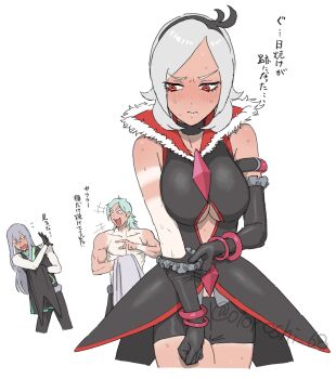 1girl 2boys abs arm_cuffs bare_legs bare_shoulders black_choker black_gloves black_pants black_shorts black_vest blunt_bangs blush breasts brooch choker cleavage_cutout clothing_cutout covering_face diamond-shaped_brooch eas_(fresh_precure!) elbow_gloves embarrassed exposed_muscle fresh_precure! frilled_gloves frills gloves green_hair grey_hair half_gloves headband higashi_setsuna highres holding holding_cloak holding_jacket holding_unworn_clothes jacket jewelry laughing long_hair looking_to_the_side mature_male medium_hair multiple_boys muscular muscular_male open_mouth otoroshi_68 pants parted_bangs pointing pointing_at_another precure red_eyes shorts single_bare_arm souler_(fresh_precure!) summer sunburn sweatdrop tan tanline teardrop tearing_up topless_male twitter_username unworn_jacket upper_body vest wester_(fresh_precure!) white_background wrist_cuffs