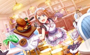 Rule 34 | 1girl, apron, bird, blurry, braid, broccoli, brown hair, carrot, chair, coaster, colorful palette, corn, dress, drink, flying sweatdrops, food, fork, frilled apron, frilled dress, frills, fruit, game cg, ganbaru anata ni break time! (project sekai), glass, gloves, grey eyes, hamburger steak, hanasato minori, highres, holding, holding fork, holding plate, ice, ice cube, maid headdress, official alternate costume, official art, open mouth, parfait, penguin, plate, potato wedges, project sekai, solo, sparkle, spill, strawberry, table, third-party source, tongue, tripping, white apron, white gloves