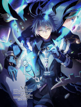1boy ahoge black_background black_coat blue_fire blue_gloves blue_hair book coat coin commentary_request dragon fire flins_(genshin_impact) gem genshin_impact gloves gradient_background highres holding holding_coin kinatsu_k lamp long_hair long_sleeves looking_at_viewer male_focus smile solo twitter_username very_long_hair watch watermark yellow_eyes