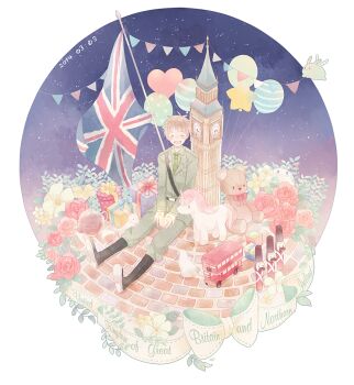 1boy :d animal antenna_hair axis_powers_hetalia balloon belt black_belt black_boots blonde_hair boots border box breast_pocket brick_floor bus clock clock_tower closed_eyes collared_shirt commentary_request dated double-decker_bus elizabeth_tower figure flag flower full_body gift gift_box green_jacket green_necktie green_pants green_shirt hands_on_lap heart_balloon jacket knee_boots lapels light_particles male_focus military_jacket military_uniform motor_vehicle necktie night night_sky notched_lapels oisiiomusubi on_ground open_hands open_mouth pants pennant pitcher_(container) pocket rabbit red_flower red_rose rose round_border sam_browne_belt shirt short_hair sitting sky smile solo star_(sky) star_balloon starry_sky stuffed_animal stuffed_toy stuffed_unicorn teddy_bear tower unicorn union_jack united_kingdom_(hetalia) white_border yellow_flower