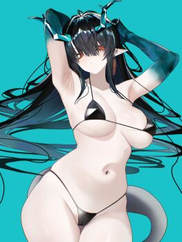 1girl absurdres alternate_costume aqua_background aqua_hair aqua_horns aqua_skin arknights armpits arms_up bikini black_bikini black_hair blush breasts cameltoe colored_extremities colored_skin commentary cowboy_shot dragon_girl dragon_horns dragon_tail dusk_(arknights) earrings eastern_dragon_horns hair_spread_out highres horns jewelry large_breasts long_hair looking_at_viewer multicolored_hair navel parted_lips pointy_ears red_eyes sidelocks simple_background skindentation slit_pupils solo string_bikini swimsuit tail tassel tassel_earrings two-tone_hair vxdrq