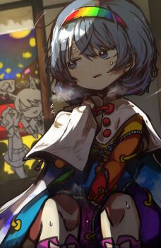 3girls absurdres animal_ears blue_eyes blue_hair blush cape female_masturbation flying_sweatdrops fox_ears hairband highres himekaidou_hatate holding holding_phone kudamaki_tsukasa long_hair long_sleeves masturbation multicolored_hairband multiple_girls open_mouth patchwork_clothes phone piaki romper short_hair short_sleeves skirt sky_print solo_focus taking_picture tenkyuu_chimata touhou twintails