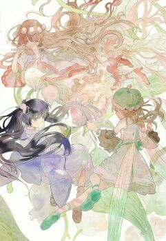 3girls absurdres anklet back_bow bare_shoulders beads black_hair blue_bow blue_eyes blue_kimono boots bow bracelet brown_boots brown_hair brown_sleeves check_copyright closed_eyes copyright_request covering_own_mouth detached_sleeves dress expressionless fairy fairy_wings fan_to_mouth floating floating_clothes floating_hair floral_background floral_print flower flute frilled_dress frilled_headwear frilled_shirt frills from_behind full_body fur-trimmed_skirt fur_trim green_hat green_shirt green_shoes green_skirt green_wings hair_beads hair_ornament hand_fan happy hat head_wreath high-waist_skirt high_heels highres holding holding_fan instrument japanese_clothes jewelry kimono lace lace-trimmed_shirt lace-trimmed_sleeves lace_trim large_bow light_blush lily_of_the_valley long_dress long_hair long_sleeves low_twintails medium_skirt mob_cap multiple_girls music nengo open_mouth original outstretched_leg pink_shoes playing_flute playing_instrument pointy_nose print_skirt print_sleeves pumps shirt shoes skirt skirt_set sleeveless sleeveless_shirt smile socks transparent_wings twintails very_long_hair wavy_hair white_background white_dress white_flower white_socks wide_sleeves wings yukata