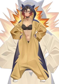 1girl absurdres animal_ears animal_hood black_bra black_hair black_panties blue_one-piece_swimsuit blue_onesie bra breasts closed_mouth collarbone cosplay eyebrows fake_animal_ears female_focus full_body gen_2_pokemon gradient_hair grey_eyes hands_on_own_hips highres hood hood_up hooded_pajamas kigurumi long_sleeves looking_at_viewer medium_breasts multicolored_hair navel nintendo one-piece_swimsuit onesie open_clothes open_onesie pajamas panties pokemon red_hair ruby_rose rwby short_hair simple_background smile socks solo standing swimsuit two-tone_hair two-tone_onesie typhlosion typhlosion_(cosplay) underwear white_background white_socks yellow_onesie zoom_layer zuu_(zuuzu)