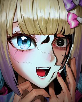 Rule 34 | 2girls, :d, aegyo sal, ame-chan (needy girl overdose), black eyes, black hair, blonde hair, bloodshot eyes, blue eyes, blunt bangs, blush, bow, chouzetsusaikawa tenshi-chan, close-up, colored tips, cracked kawaii mask, cracked mask, dual persona, haem yang, hair bow, hand on own face, hands up, hashtag-only commentary, heterochromia, highres, multicolored hair, multiple girls, multiple hair bows, needy girl overdose, open mouth, portrait, smile