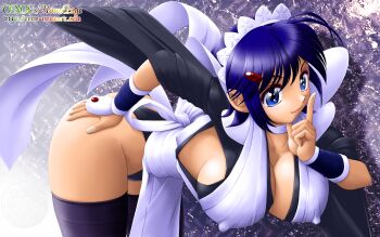 1girl apron artist_name ass bent_over blue_eyes blue_hair breasts cleavage covered_erect_nipples fingerless_gloves gloves hand_on_own_hip hanging_breasts highres index_finger_raised iroha_(samurai_spirits) large_breasts leaning_forward legs looking_at_viewer maid maid_apron maid_headdress onoe samurai_spirits short_hair smile snk solo thick_thighs thighs