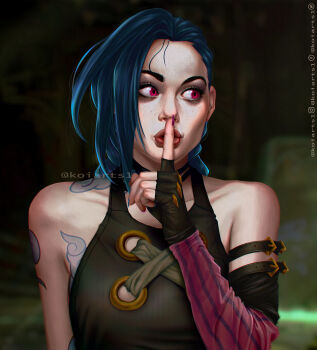 1girl arcane:_league_of_legends arcane_jinx arm_tattoo artist_name asymmetrical_bangs bare_shoulders black_choker blurry blurry_background braid brown_gloves brown_shirt choker cloud_tattoo collarbone detached_sleeves finger_to_mouth fingerless_gloves freckles gloves green_hair highres index_finger_raised jinx_(league_of_legends) koiarts league_of_legends long_hair pink_eyes pink_sleeves shirt sideways_glance solo striped_sleeves tattoo twin_braids