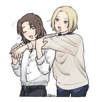 2boys axis_powers_hetalia belt black_belt black_pants blonde_hair blue_shirt blush brown_hair buttons collared_shirt commentary_request cowboy_shot fingernails green_eyes half-closed_eyes hands_up highres holding_another&#039;s_wrist lithuania_(hetalia) long_sleeves looking_at_another male_focus mi_aph_to multiple_boys one_eye_closed open_mouth pants plaid_clothes plaid_shirt poland_(hetalia) puffy_long_sleeves puffy_sleeves shirt short_hair simple_background smile standing sweater tongue white_background white_shirt white_sweater
