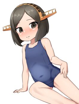 1girl absurdres aged_down black_hair blue_one-piece_swimsuit covered_navel dated feet_out_of_frame flat_chest grey_eyes headgear highres kantai_collection kirishima_(kancolle) loli maru_(marg0613) no_eyewear old_school_swimsuit one-piece_swimsuit school_swimsuit short_hair simple_background smile solo swimsuit twitter_username white_background