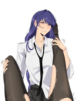 2girls artist_name black_necktie black_pantyhose collared_shirt commentary english_commentary female_pov genshin_impact highres lipstick_mark lipstick_mark_on_face lipstick_mark_on_neck long_hair multiple_girls necktie pantyhose pov purple_eyes purple_hair raiden_shogun seijousai shirt torn_clothes torn_pantyhose very_long_hair white_shirt yae_miko yuri