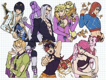 1girl 5boys 5others 990qqo aerosmith_(stand) aircraft argyle_clothes argyle_sweater black_hair blonde_hair breasts bruno_bucciarati cleavage clothing_cutout commentary_request cropped_torso giorno_giovanna gold_experience grey_hair grid_background guido_mista heart_cutout highres jojo_no_kimyou_na_bouken leone_abbacchio midriff moody_blues_(stand) multiple_boys multiple_others narancia_ghirga pannacotta_fugo pink_hair purple_haze_(stand) purple_lips sex_pistols_(stand) simple_background spice_girl_(stand) stand_(jojo) sticky_fingers_(stand) sweater toy_airplane trish_una vento_aureo zipper zipper_pull_tab
