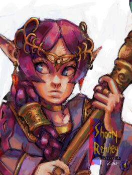 1girl artist_name blue_eyes bonelessbastion braid circlet closed_mouth commentary dated dress earrings english_commentary highres holding holding_staff hooded_robe jewelry long_hair long_sleeves looking_to_the_side merlina_(sonic) neck_ring parted_bangs parted_hair pink_dress pink_hair pointy_ears ring robe single_braid smile solo sonic_(series) sonic_and_the_black_knight staff upper_body white_background