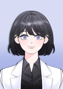 Rule 34 | 1girl, black hair, black shirt, bob cut, collared shirt, facing viewer, han sooyoung, han sooyoung (1863rd turn), highres, imgeun, jacket, looking at viewer, omniscient reader's viewpoint, open clothes, open jacket, portrait, purple eyes, shirt, short hair, smile, solo, straight-on, white jacket