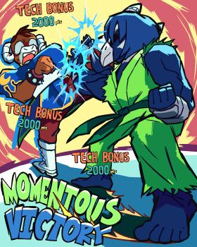 2others alternate_color barefoot belt bird blitz_the_seahawk blocking blue_dress blue_feathers blue_hair boots brown_fur brown_hair capcom china_dress chinese_clothes chun-li chun-li_(cosplay) clenched_hand closed_mouth commentary constricted_pupils cosplay dress english_commentary english_text evo_moment_#37 evolution_championship_series fangs feathers gameplay_mechanics gold_trim green_belt green_dougi grey_wrist_cuffs high_kick highres horns ken_masters ken_masters_(cosplay) kicking los_angeles_rams mascot multiple_others national_football_league open_mouth parrying ram_(animal) rampage_(los_angeles_rams) red_background seattle_seahawks second-party_source sheep_horns shenanigansen shockwave short_hair spiked_wristband street_fighter street_fighter_iii_(series) surprised white_background white_boots wrist_cuffs yellow_background