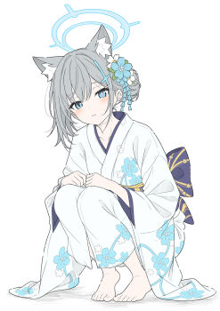 1girl alternate_costume animal_ear_fluff animal_ears barefoot blue_archive blue_eyes blue_flower blue_halo blush bright_pupils clenched_hand collarbone commentary_request cross cross_hair_ornament flower grey_hair hair_between_eyes hair_bun hair_ornament halo highres inverted_cross japanese_clothes kimono looking_at_viewer medium_hair mismatched_pupils numbered obi purple_sash sash shiroko_(blue_archive) single_hair_bun solo squatting t1kosewad white_kimono wolf_ears