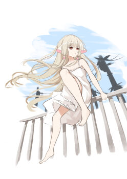 Rule 34 | 1girl, absurdres, barefoot, blue sky, brown hair, chii, chobits, dress, fall (5754478), full body, hair tubes, highres, long hair, no pupils, on railing, outdoors, persocom (chobits), power lines, railing, robot ears, sitting, sky, solo, spaghetti strap, sundress, utility pole, very long hair, white dress