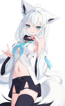 1girl absurdres ahoge animal_ear_fluff animal_ears aqua_eyes aqua_neckerchief aqua_trim black_shorts black_thighhighs braid breasts detached_sleeves fox_ears fox_girl fox_shadow_puppet fox_tail front_slit highres hololive long_sleeves looking_at_viewer medium_breasts navel neckerchief shin_insh shirakami_fubuki shirakami_fubuki_(1st_costume) shirt short_shorts shorts side_braid simple_background single_braid single_thighhigh solo stomach tail thighhighs virtual_youtuber white_background white_shirt wide_sleeves