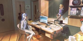 Rule 34 | 2girls, acoustic guitar, artist request, bang dream!, bang dream! it's mygo!!!!!, blonde hair, blue hair, blue shirt, cellphone, chair, chinese commentary, commentary request, commission, computer keyboard, computer mouse, cup, flower, guitar, headphones, highres, indoors, instrument, killkiss (bang dream!), light particles, long hair, long sleeves, medium hair, microphone, misumi uika, monitor, multiple girls, open mouth, pajamas, pants, phone, pop filter, purple eyes, purple shirt, recording studio, red flower, red rose, rose, second-party source, shirt, sidelocks, sitting, smartphone, speaker, sticker, stuffed animal, stuffed octopus, stuffed toy, togawa sakiko, vinyl record, white pants