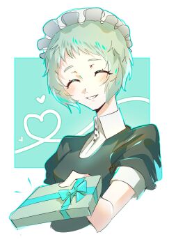 Rule 34 | 1girl, ^ ^, absurdres, black dress, border, box, closed eyes, commentary, dress, english commentary, facing viewer, frilled hairband, frills, gift, gift box, green background, green hair, hairband, happy valentine, heart, highres, im human maybe, outside border, persona, persona 3, puffy short sleeves, puffy sleeves, short hair, short sleeves, smile, solo, upper body, white border, yamagishi fuuka