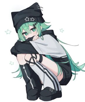 1girl animal_hat black_hat black_hoodie black_shoes black_shorts black_socks blush cat_hat double-parted_bangs full_body green_eyes green_hair hair_between_eyes hat highres hood hood_down hoodie kneehighs long_hair long_sleeves looking_at_viewer mismatched_socks namin_(namin_star) nanase_(namin) original shoes short_shorts shorts simple_background socks solo squatting star-shaped_pupils star_(symbol) symbol-shaped_pupils two-tone_hoodie white_background white_hoodie white_socks