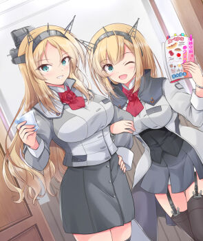 Rule 34 | 2girls, ascot, blonde hair, blue eyes, braid, breasts, commentary request, commission, cup, flower, green eyes, grey jacket, grey shirt, grey skirt, hairband, half up braid, headgear, holding, holding cup, holding magazine, indoors, jacket, kantai collection, large breasts, long hair, long sleeves, looking at viewer, magazine (object), multiple girls, nelson (kancolle), nelson kai (kancolle), one eye closed, open mouth, pencil skirt, red ascot, red flower, red rose, rodney (kancolle), rodney kai (kancolle), rose, shirt, shizuna kaede, short hair, skeb commission, skirt, smile, thighhighs