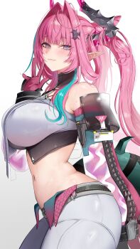 Rule 34 | 1girl, :3, absurdres, arknights, arknights: endfield, bare shoulders, black gloves, blue eyes, breasts, closed mouth, cone hair bun, cowboy shot, crop top, diamond-shaped pupils, diamond (shape), from side, gloves, hair bun, hair intakes, hair ornament, hand up, highres, huge breasts, id card, jacket, looking at viewer, looking to the side, navel, pants, pink gloves, pink hair, pink jacket, pointy ears, shirt, simple background, smile, solo, stomach, symbol-shaped pupils, tail, twintails, two-tone gloves, vitaminechan, white background, white pants, white shirt, yvonne (arknights)