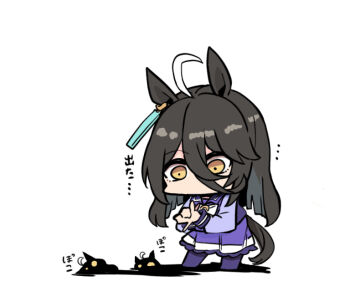 Rule 34 | 1girl, ahoge, animal ears, black hair, brown eyes, chibi, hair between eyes, horse ears, horse girl, horse tail, kawamochi (kawauti919), long hair, long sleeves, manhattan cafe (umamusume), multicolored hair, pantyhose, pleated skirt, puffy long sleeves, puffy sleeves, purple pantyhose, purple shirt, purple skirt, shadow, shadow puppet, shirt, simple background, skirt, standing, tail, translation request, two-tone hair, umamusume, very long hair, white background, white hair