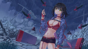 1girl bandeau belt black_hair black_shorts blazeller blue_jacket breasts chaos_zero_nightmare chest_harness cleavage closed_mouth collar collarbone commentary cowboy_shot floating floating_object floating_weapon gloves green_eyes groin hair_between_eyes hand_up harness highres jacket knife large_breasts long_sleeves looking_at_viewer medium_hair multicolored_hair navel open_clothes open_jacket outdoors purple_hair rain red_bandeau red_belt red_collar red_gloves ruins short_shorts shorts sidelocks signature solo spaghetti_strap spiked_collar spikes standing stomach tears tressa_(chaos_zero_nightmare) two-tone_hair wet wet_clothes wet_hair