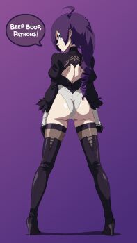Rule 34 | 1girl, 2b (nier:automata), 2b (nier:automata) (cosplay), absurdres, ahoge, ass, blue eyes, boots, cosplay, frown, gloves, high heel boots, high heels, highres, leotard, looking at viewer, looking back, nier (series), original, purple hair, thigh boots, thighhighs, zone-tan, zone (artist)