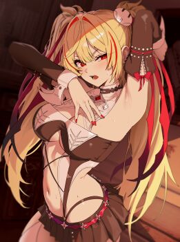 Rule 34 | 1girl, absurdres, arm behind head, arm up, armpits, arms up, black skirt, blonde hair, breasts, claret (zenless zone zero), cleavage, commentary, cowboy shot, fingernails, hair intakes, highres, large breasts, long hair, looking at viewer, miniskirt, multicolored hair, nail polish, navel, nvl, open mouth, presenting armpit, red eyes, red nails, skirt, solo, stomach, streaked hair, twintails, v-shaped eyebrows, zenless zone zero