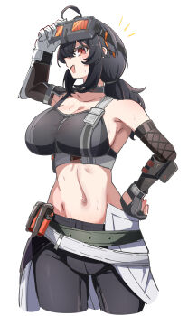 1girl absurdres adjusting_eyewear ahoge arm_pouch asymmetrical_gloves bare_shoulders black_hair black_sports_bra blush breasts caseee999 cleavage clothing_cutout collarbone commentary_request cowboy_shot cropped_legs explosive fingerless_gloves fishnet_gloves fishnets glove_cutout gloves goggles goggles_on_head grace_howard grenade hand_on_goggles hand_on_own_hip highres large_breasts looking_at_viewer midriff mismatched_gloves navel notice_lines open_mouth ponytail red_eyes simple_background single_fingerless_glove solo sports_bra sweat white_background zenless_zone_zero zipper_top