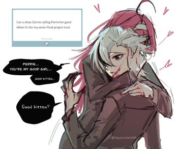 Rule 34 | 2boys, aged down, ahoge, alternate costume, arlecchino (genshin impact), artist name, black hands, blood, blood on face, claws, clervie (genshin impact), closed mouth, colored extremities, colored skin, couple, english text, formal clothes, from behind, genshin impact, grey hair, hair intakes, hand on another's head, headband, heart, highres, hug, long hair, long sleeves, marshmallow (site), multicolored hair, multicolored skin, multiple boys, peruere (genshin impact), pink hair, red pupils, short hair, speech bubble, streaked hair, suit, symbol-shaped pupils, tsukuyo 90929, twitter username, two-tone skin, upper body, white background, x-shaped pupils, yuri