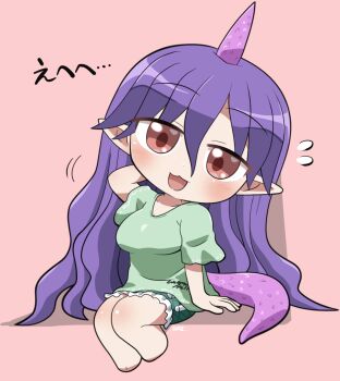 1girl :3 :d barefoot blush breasts chibi chibi_only commentary_request flying_sweatdrops full_body green_shirt green_shorts hair_between_eyes horns long_hair looking_at_viewer open_mouth pink_background pointy_ears purple_hair red_eyes rokugou_daisuke shirt short_sleeves shorts simple_background single_horn sitting smile solo tail tenkajin_chiyari touhou